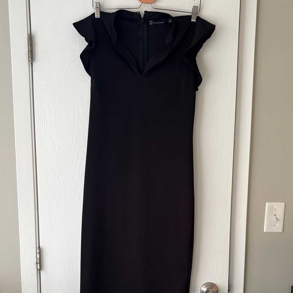 New York & Company Black Midi Dress with Ruffle Shoulders